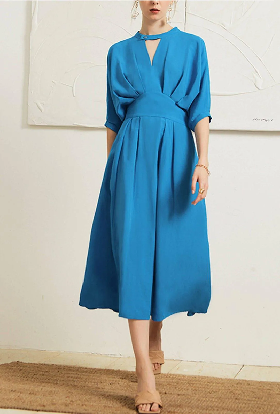 Cutout Neckline Draped Fit & Flare Midi Dress