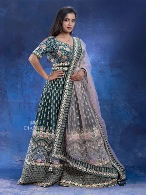 Dark Green Bridal Lehenga Adorned in Floral Thread Embroideries and Sequins with Dupatta