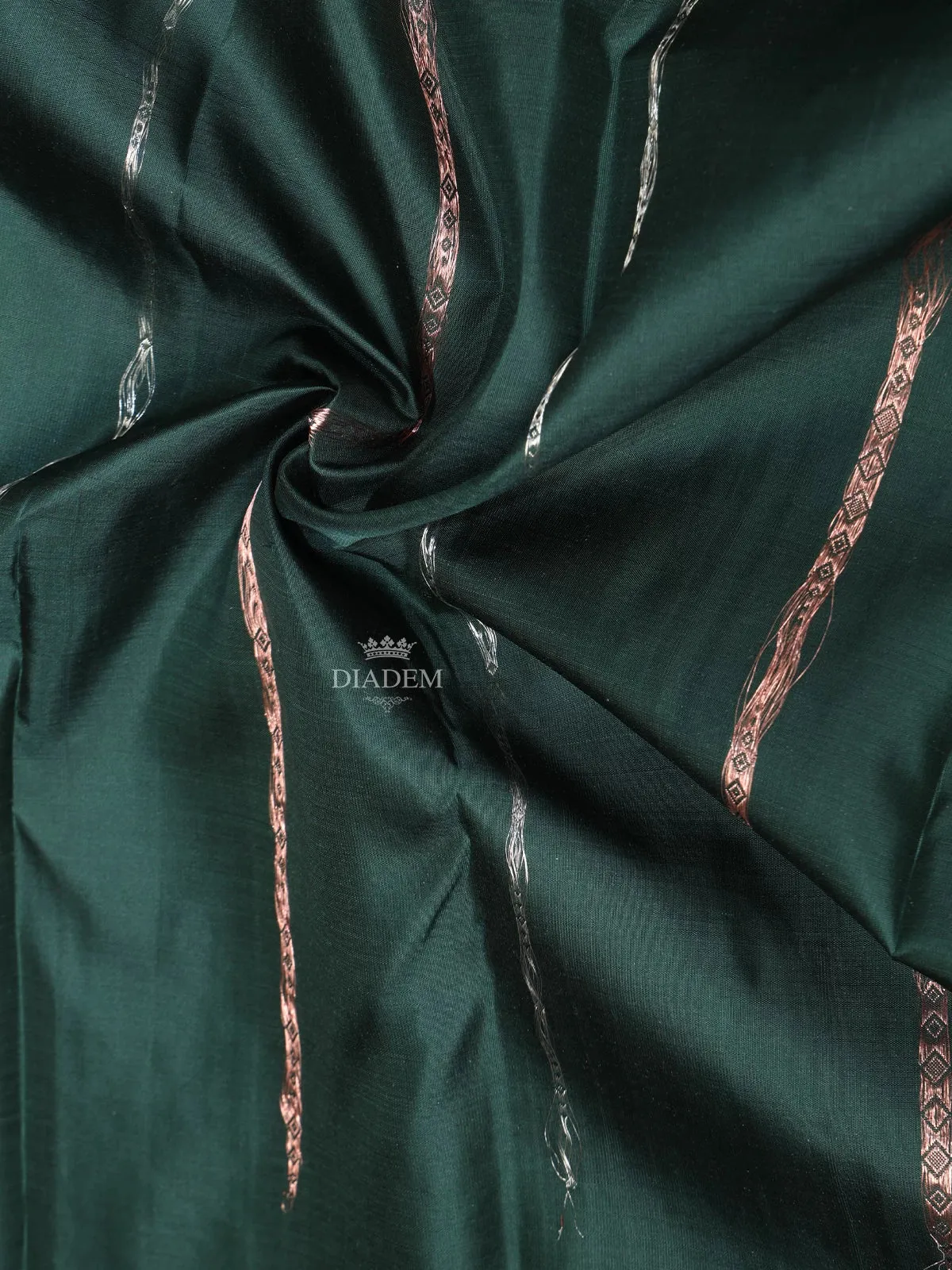 Dark Green Pure Kanchipuram Silk Saree With Striped and Floral Design on the Body and without Border