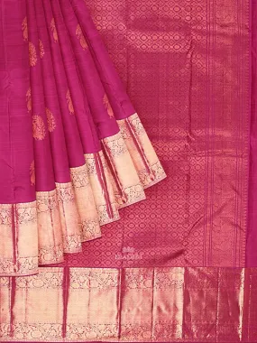 Dark Pink Pure Kanchipuram Silk Saree with Peacock Motif on the body and Zari Border