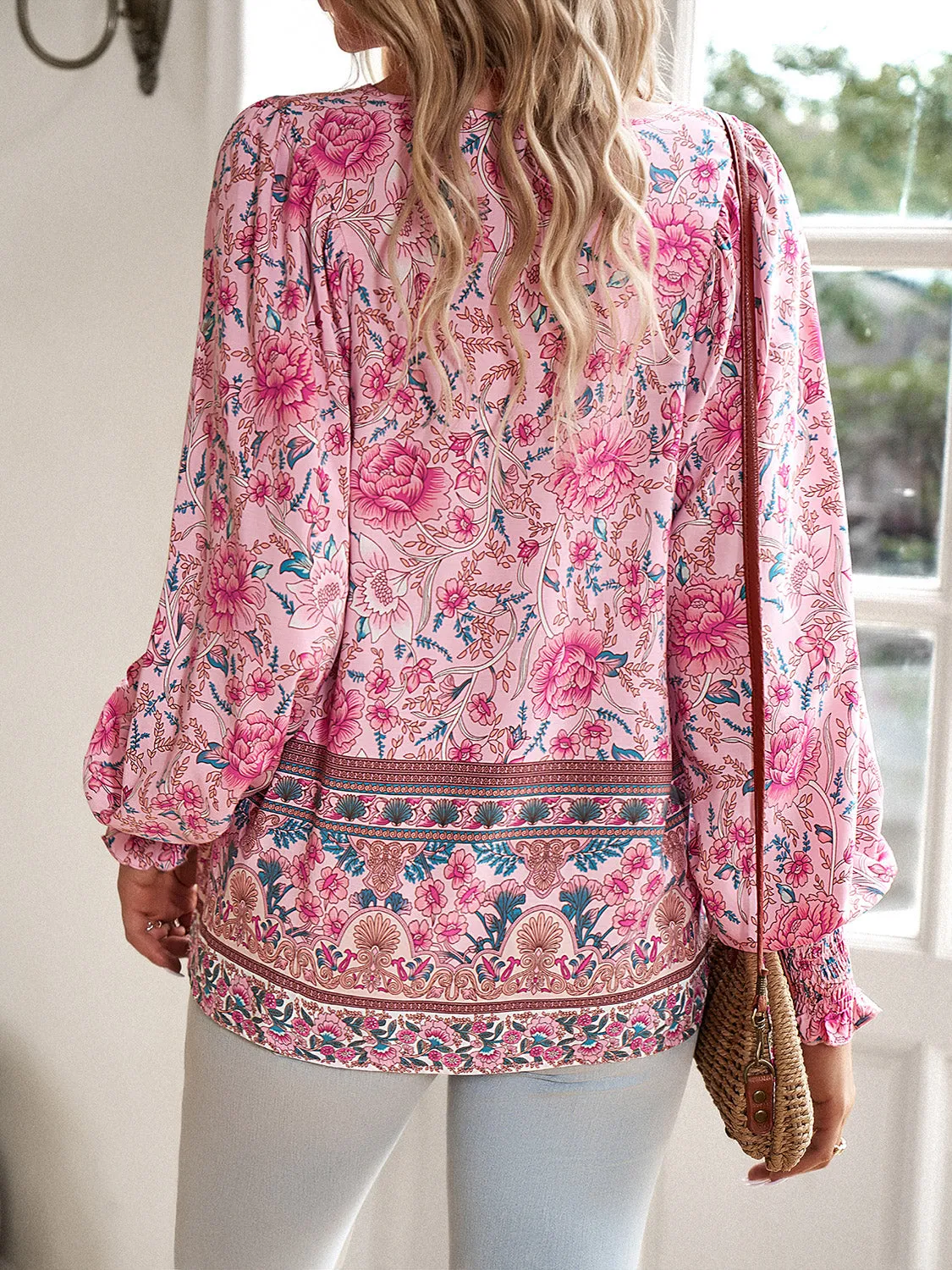 Devine Bohemian Tie Neck Lantern Sleeve Blouse