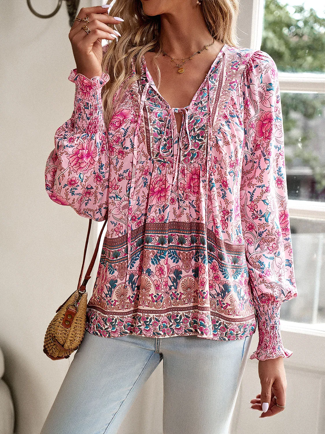 Devine Bohemian Tie Neck Lantern Sleeve Blouse