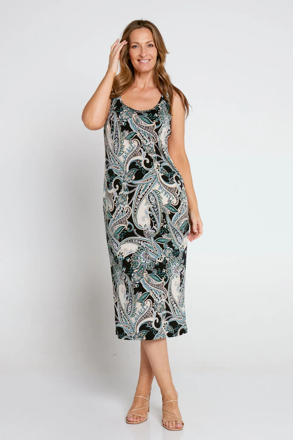 Findon Midi Slip Dress - Black Mint Paisley