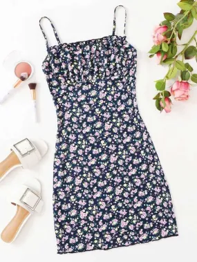 Frill Trim Ruched Bust Floral Slip Dress