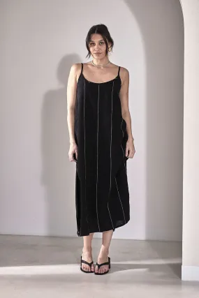 Fundamental Linen Midi Linen Dress - Black w White Stripe