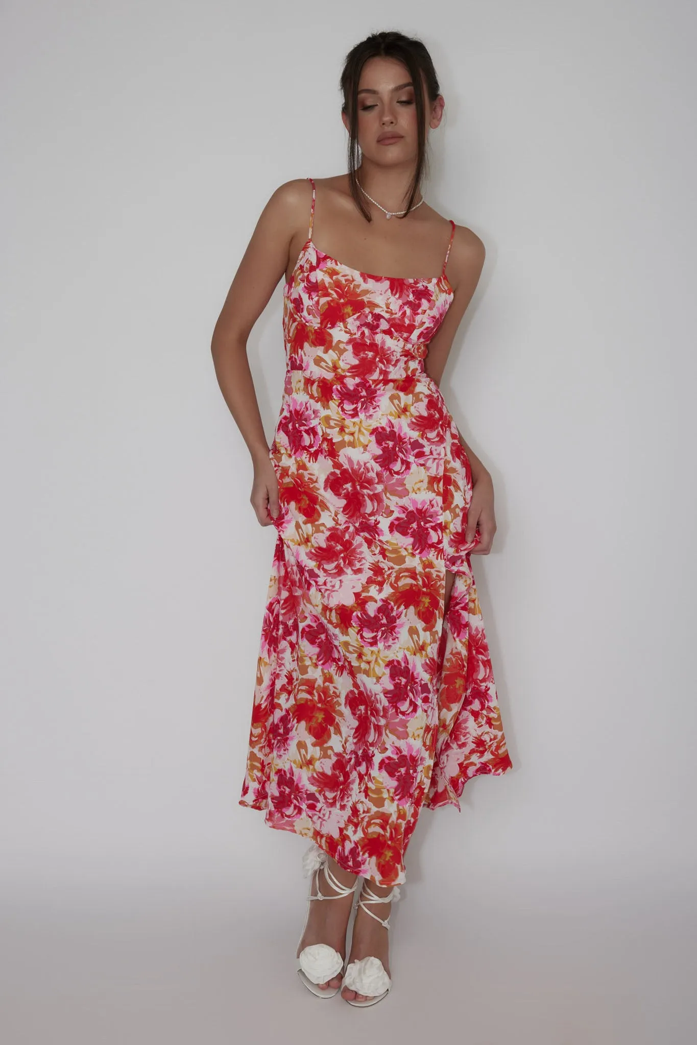 Galilea Tied Back Midi Dress Floral Red