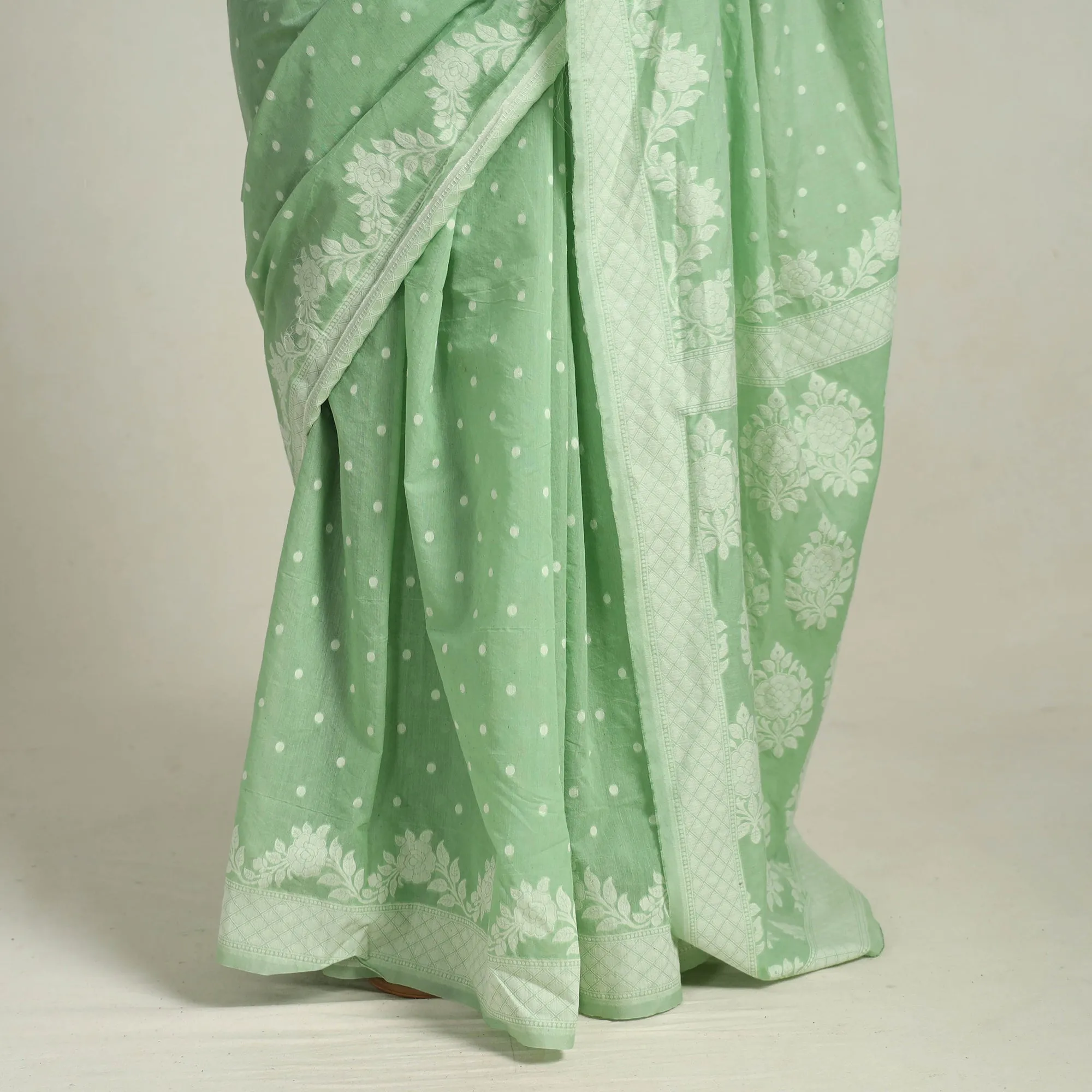 Green - Banarasi Silk Cotton Cutwork Buti Saree 55