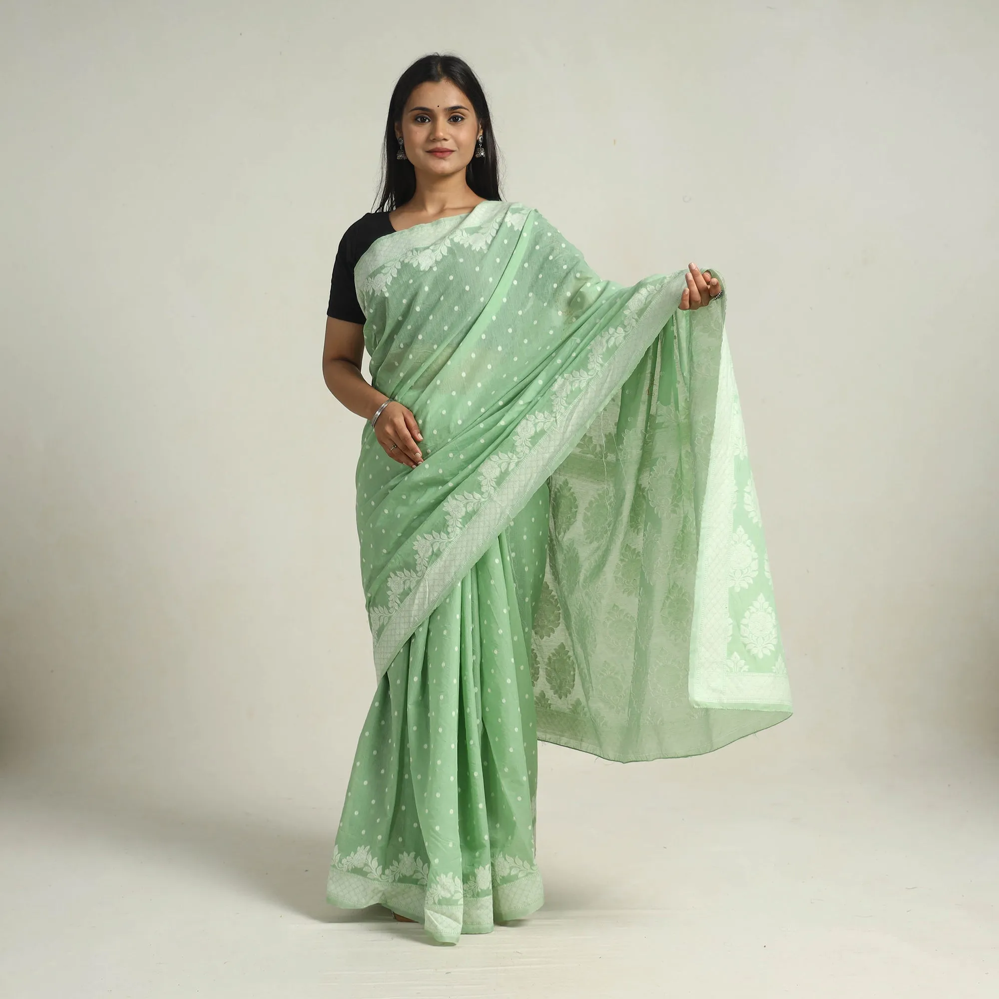 Green - Banarasi Silk Cotton Cutwork Buti Saree 55