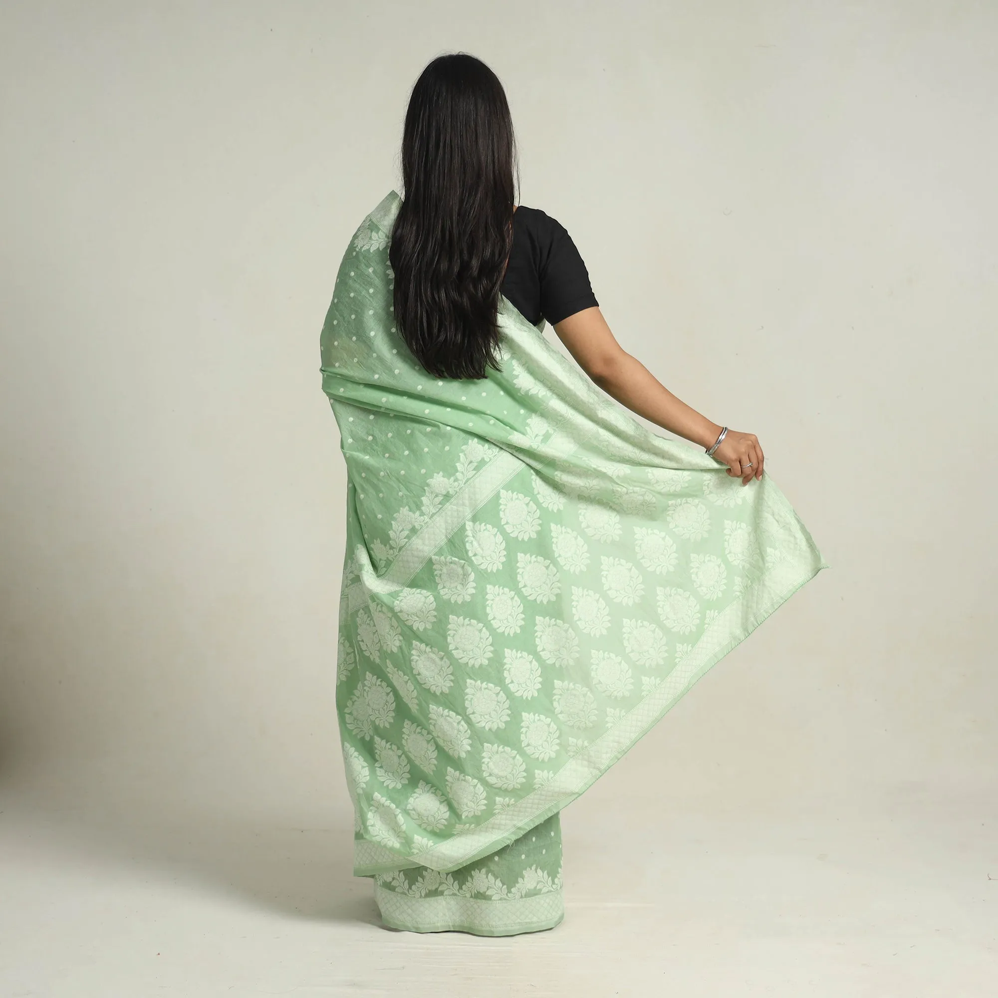 Green - Banarasi Silk Cotton Cutwork Buti Saree 55