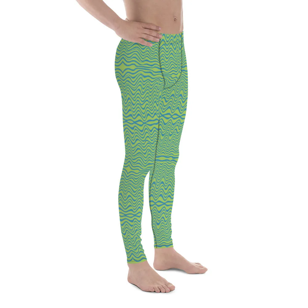 Green Blue Curvy Men's Leggings, Great Wave Pattern Yoga Leggings-Made In USA/EU/MX