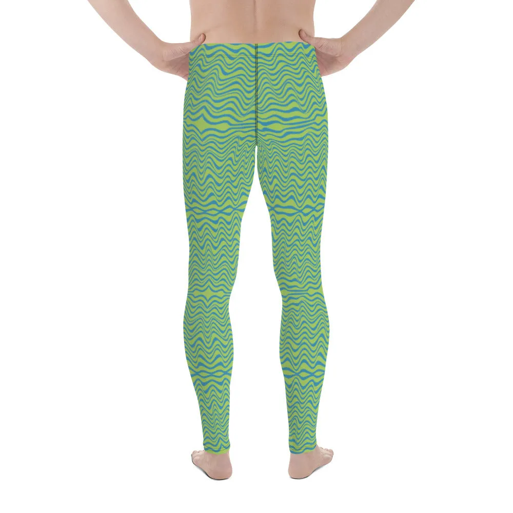 Green Blue Curvy Men's Leggings, Great Wave Pattern Yoga Leggings-Made In USA/EU/MX