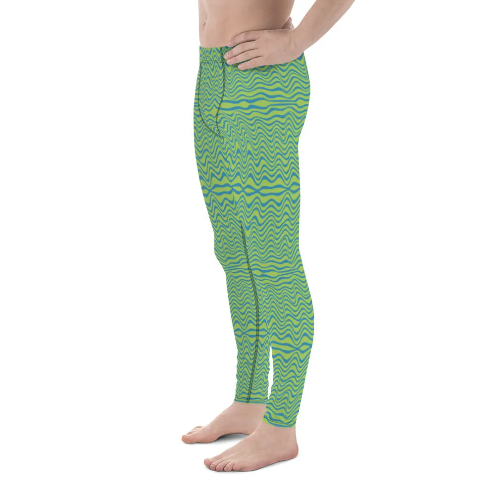 Green Blue Curvy Men's Leggings, Great Wave Pattern Yoga Leggings-Made In USA/EU/MX