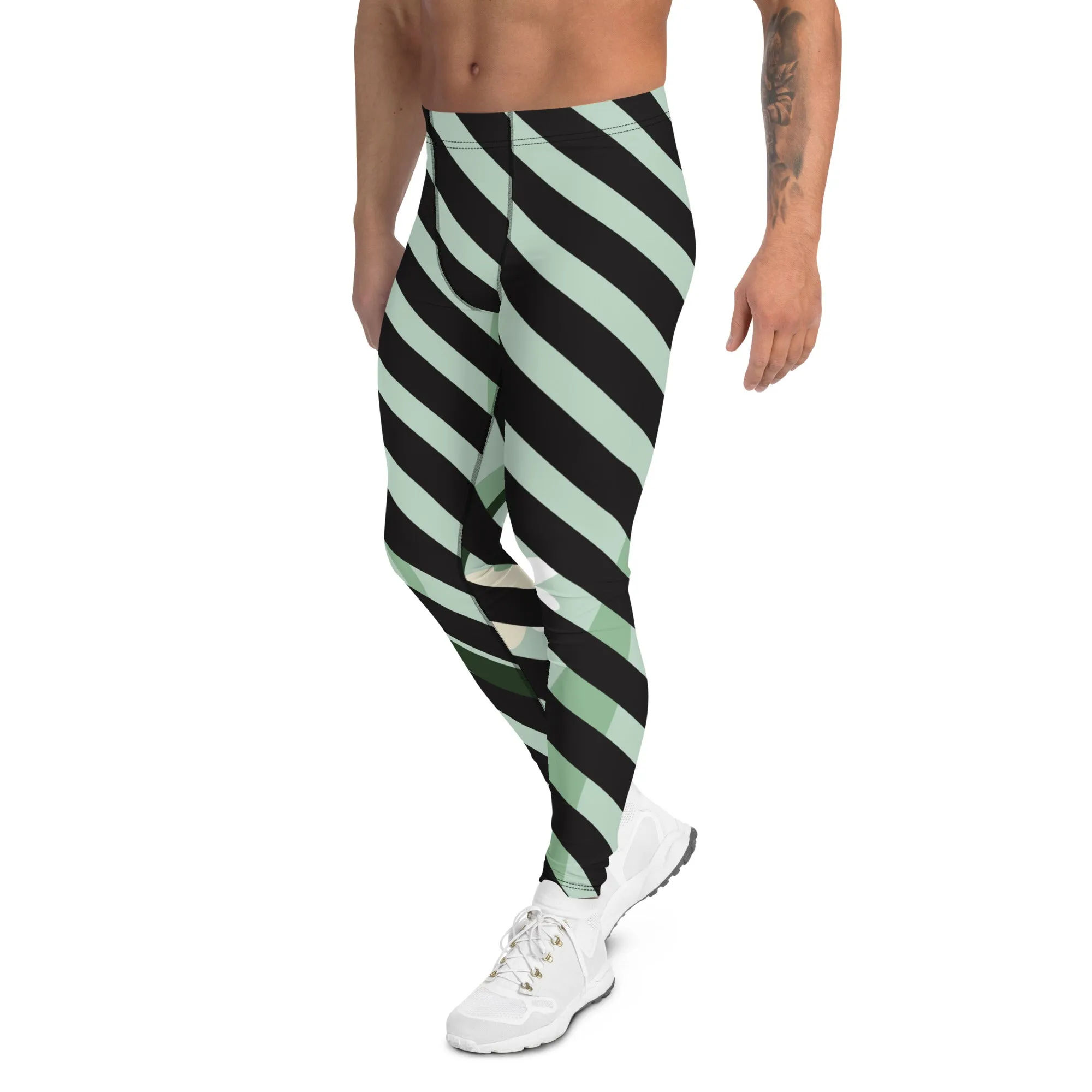 Green Floral Print Meggings, Black Diagonal Striped Men's Leggings Compression Tights - Made in USA/EU/MX