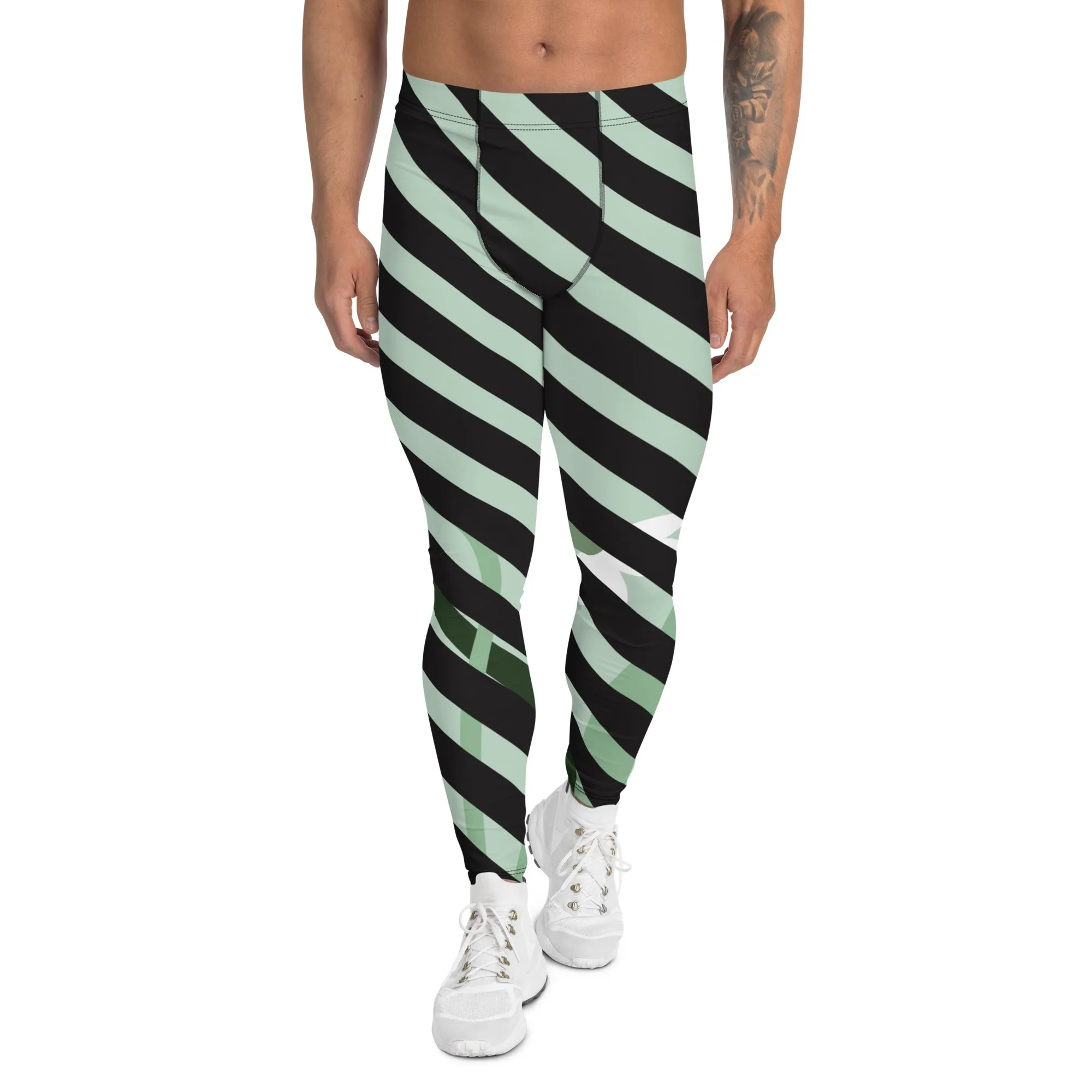 Green Floral Print Meggings, Black Diagonal Striped Men's Leggings Compression Tights - Made in USA/EU/MX