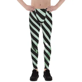 Green Floral Print Meggings, Black Diagonal Striped Men's Leggings Compression Tights - Made in USA/EU/MX