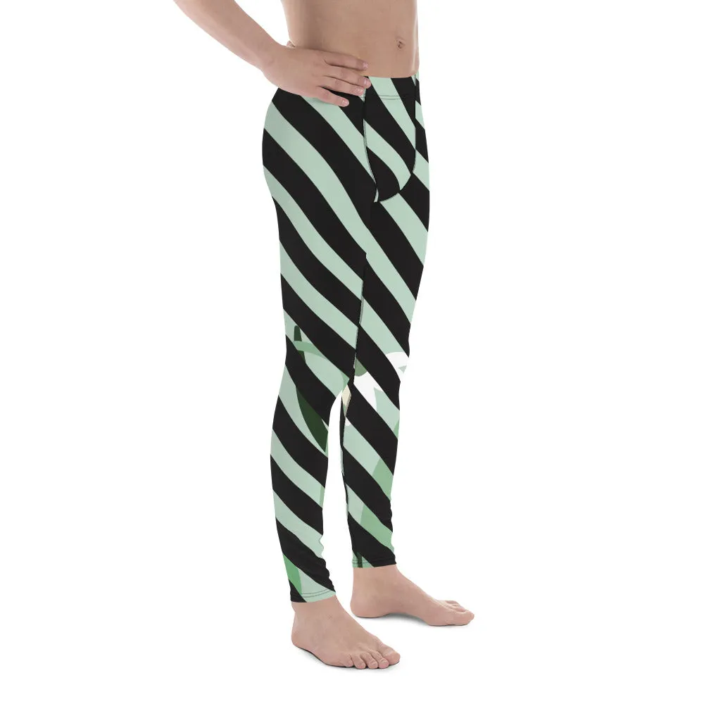 Green Floral Print Meggings, Black Diagonal Striped Men's Leggings Compression Tights - Made in USA/EU/MX