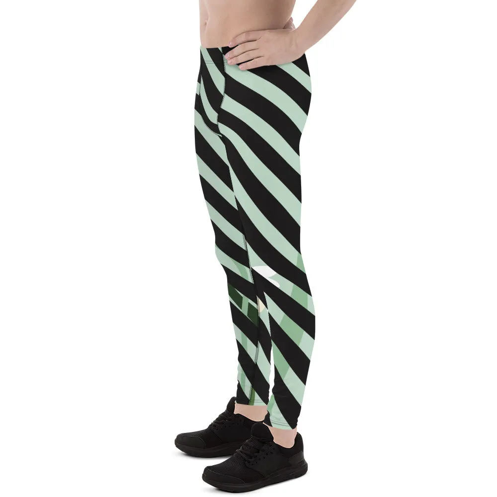 Green Floral Print Meggings, Black Diagonal Striped Men's Leggings Compression Tights - Made in USA/EU/MX