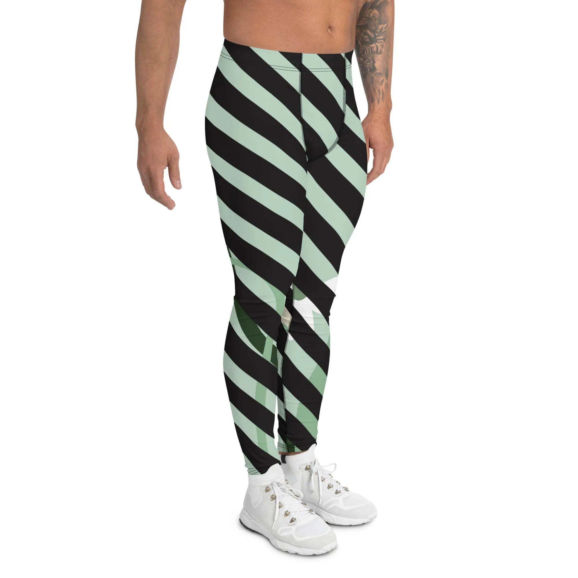 Green Floral Print Meggings, Black Diagonal Striped Men's Leggings Compression Tights - Made in USA/EU/MX