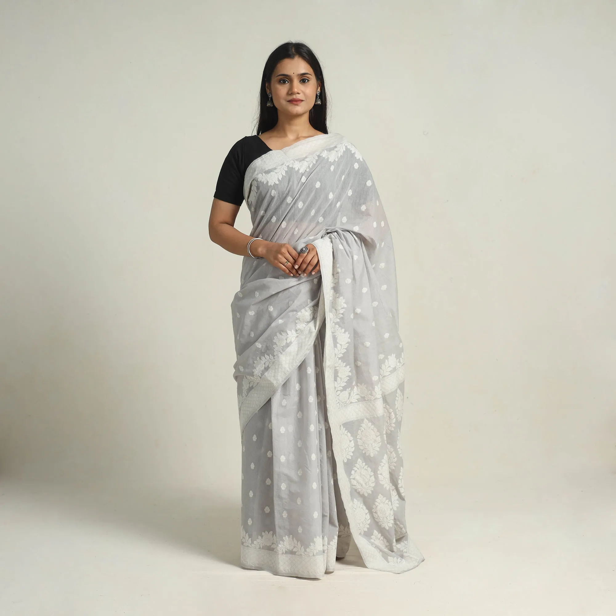 Grey - Banarasi Silk Cotton Cutwork Buti Saree 51