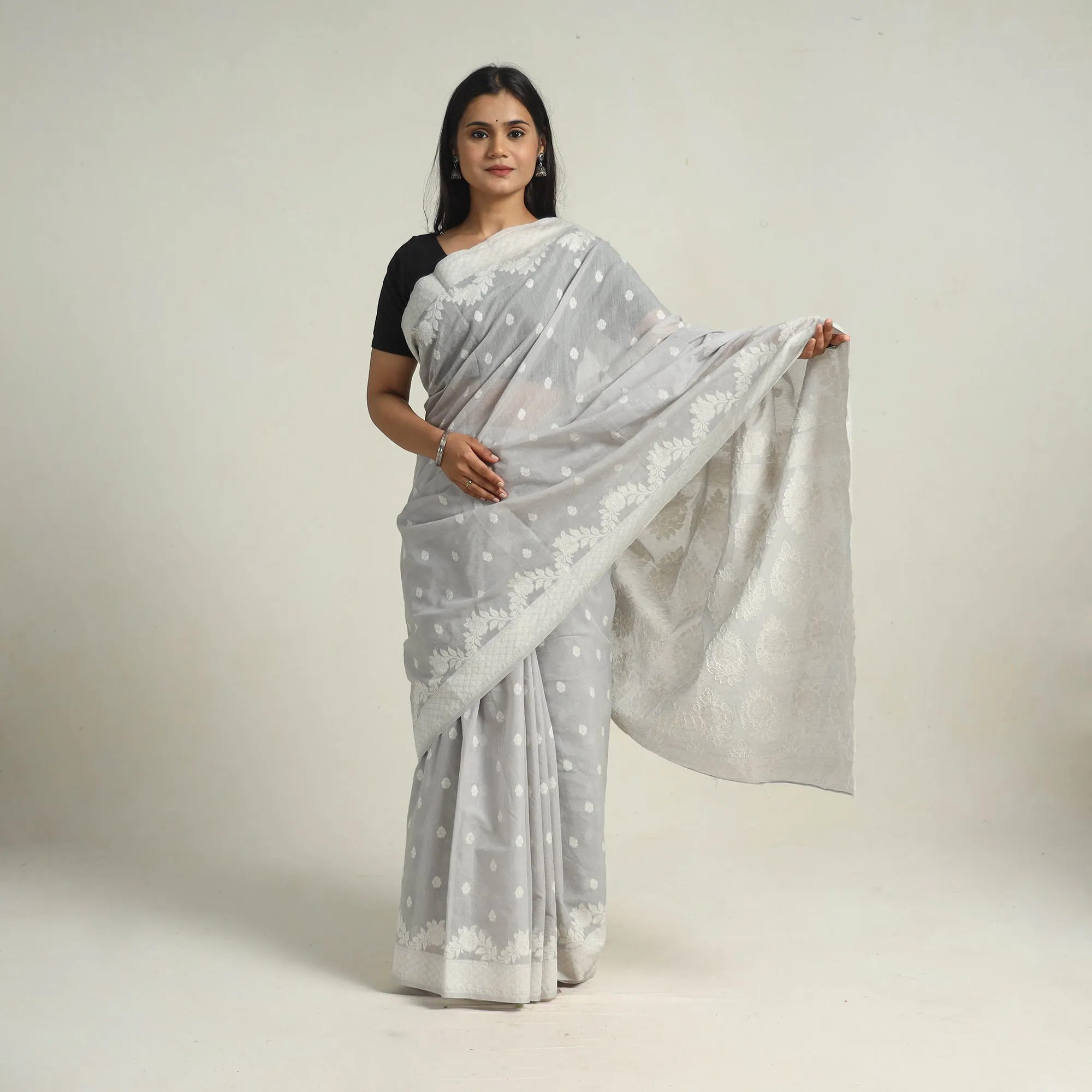 Grey - Banarasi Silk Cotton Cutwork Buti Saree 51