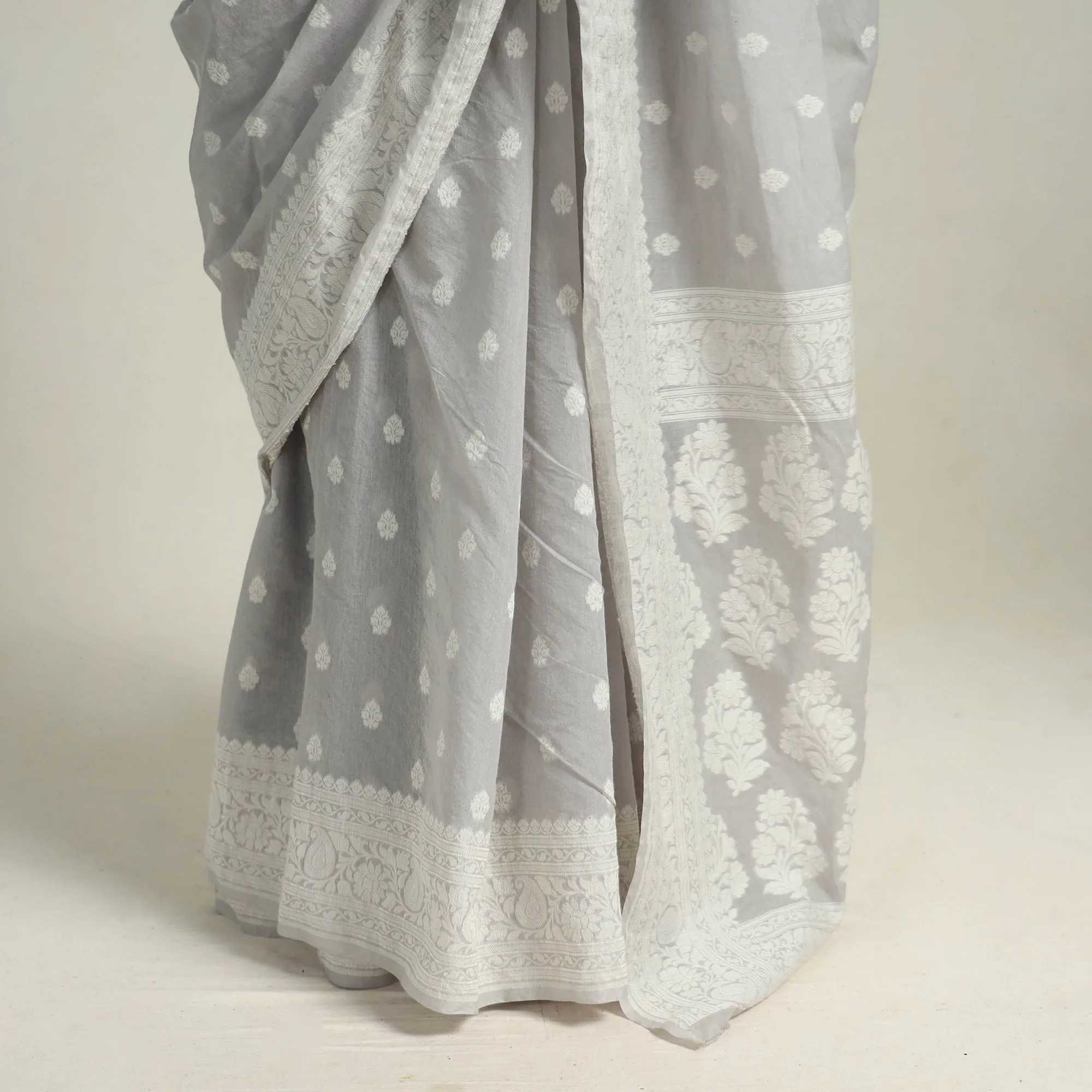 Grey - Banarasi Silk Cotton Cutwork Buti Saree 53