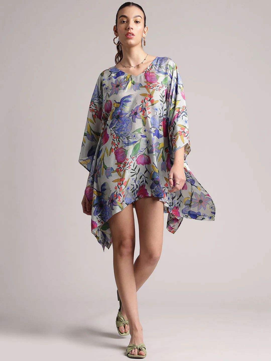 Grey Muslin Tropical Kaftan Dress