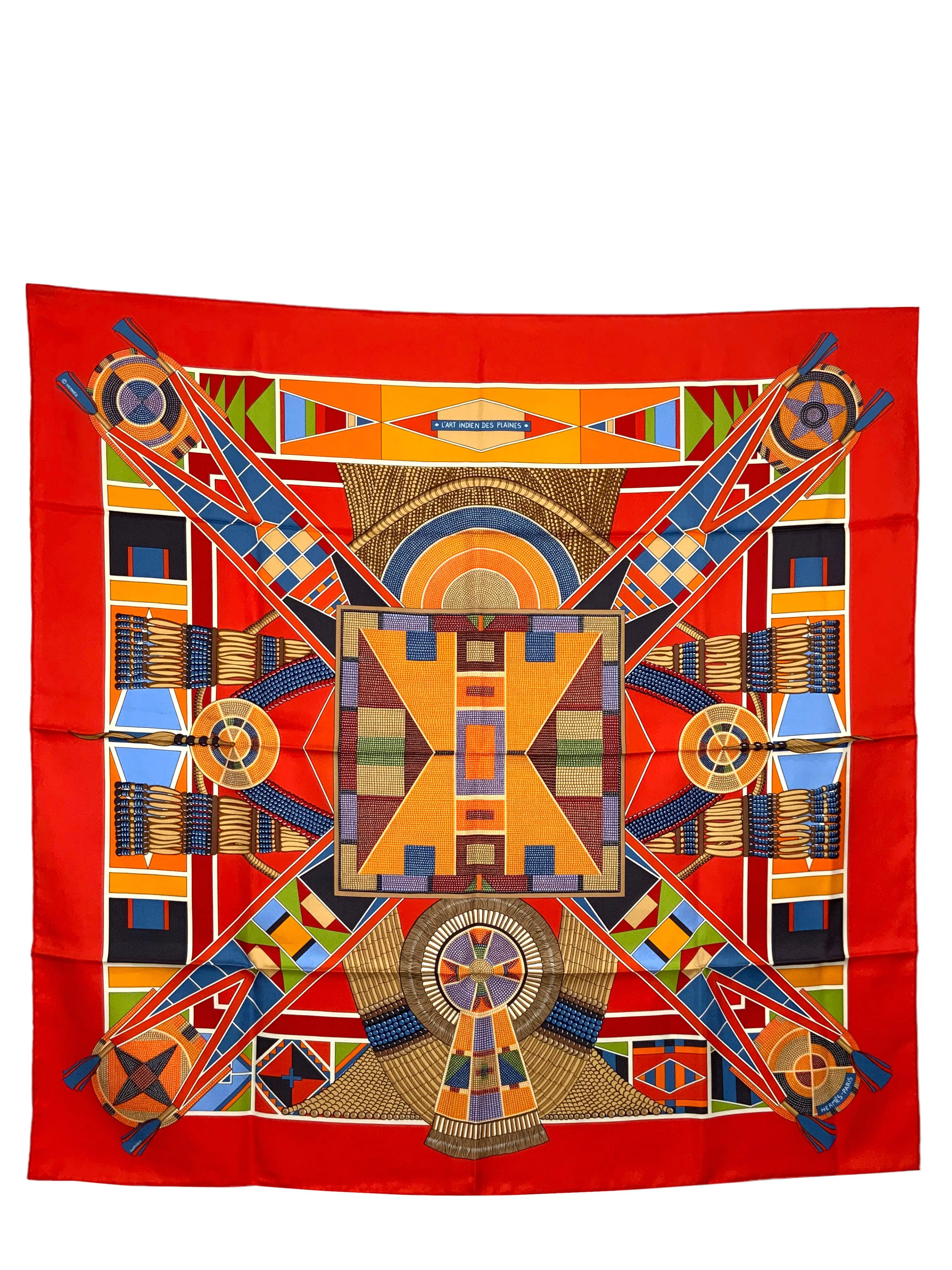 HERMES L'Art Indien des Plaines Silk Scarf 90