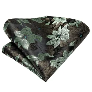 Hi-Tie Suit Pocket Square Black Green Jacquard Floral Pocket Square