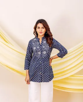 Indigo Booti Printed Cotton Top