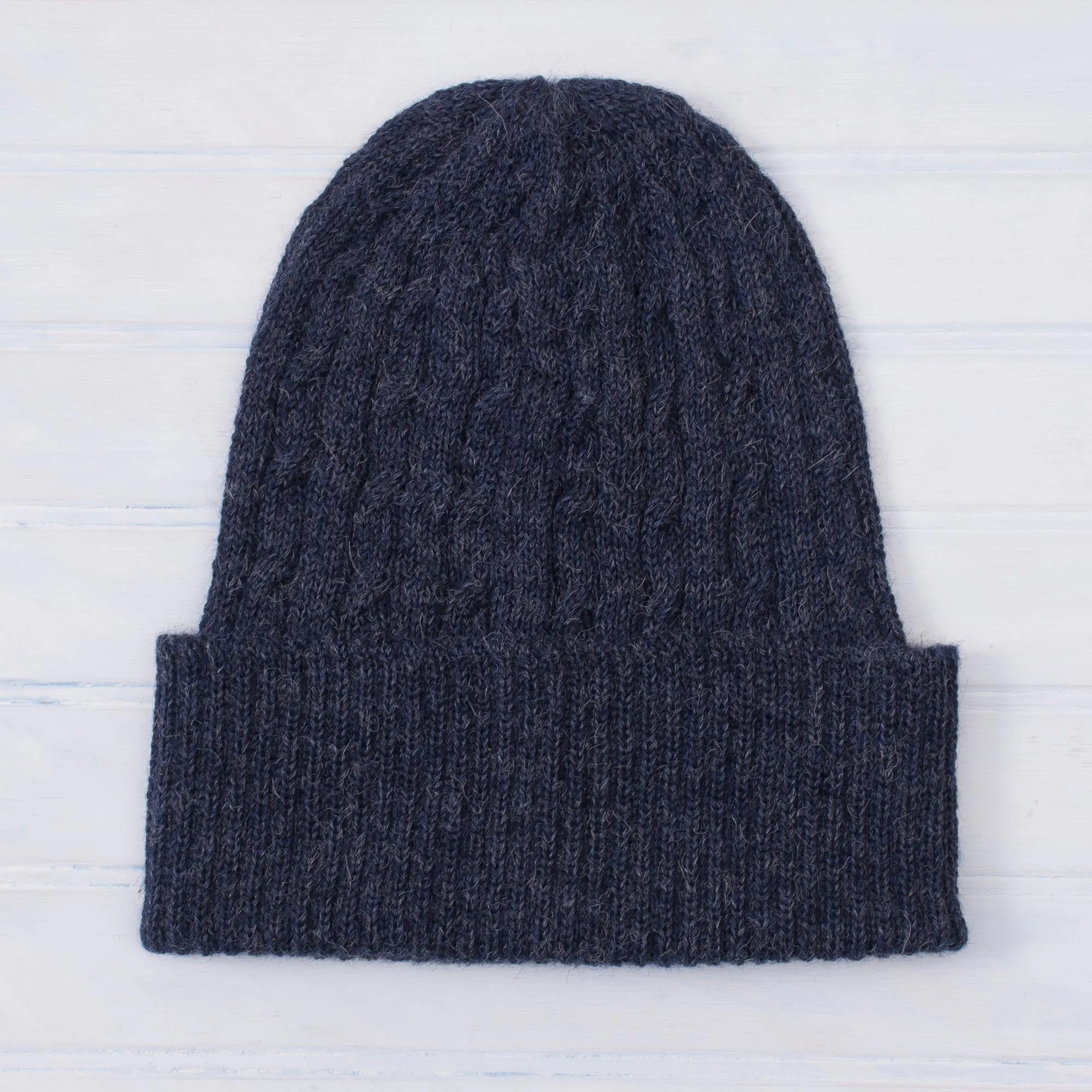 Indigo Braid Cascade Cable-Knit 100% Alpaca Hat in Indigo from Peru