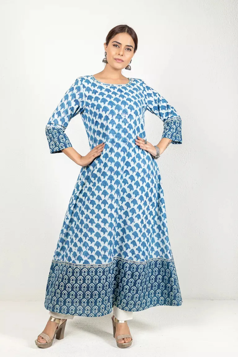 Indigo-Colored Kurta In Hand Block Dabu Print