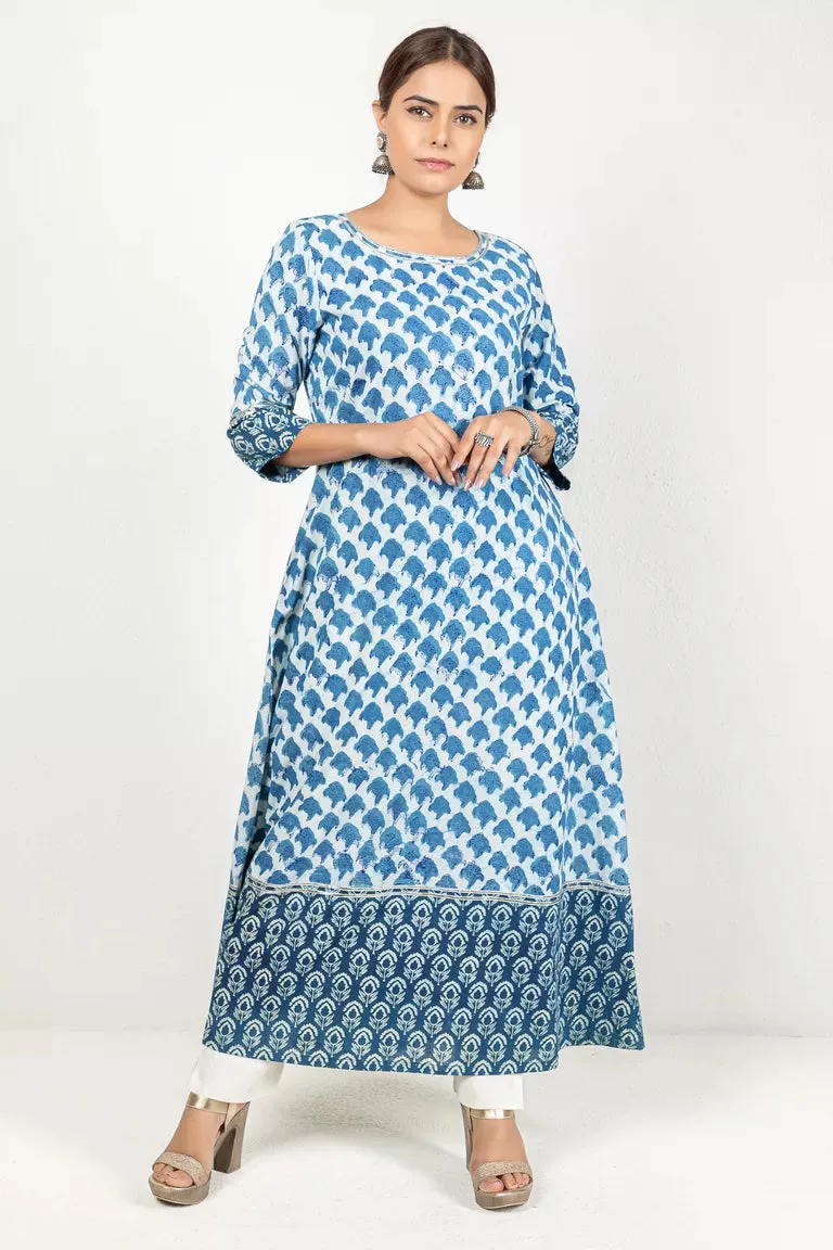 Indigo-Colored Kurta In Hand Block Dabu Print