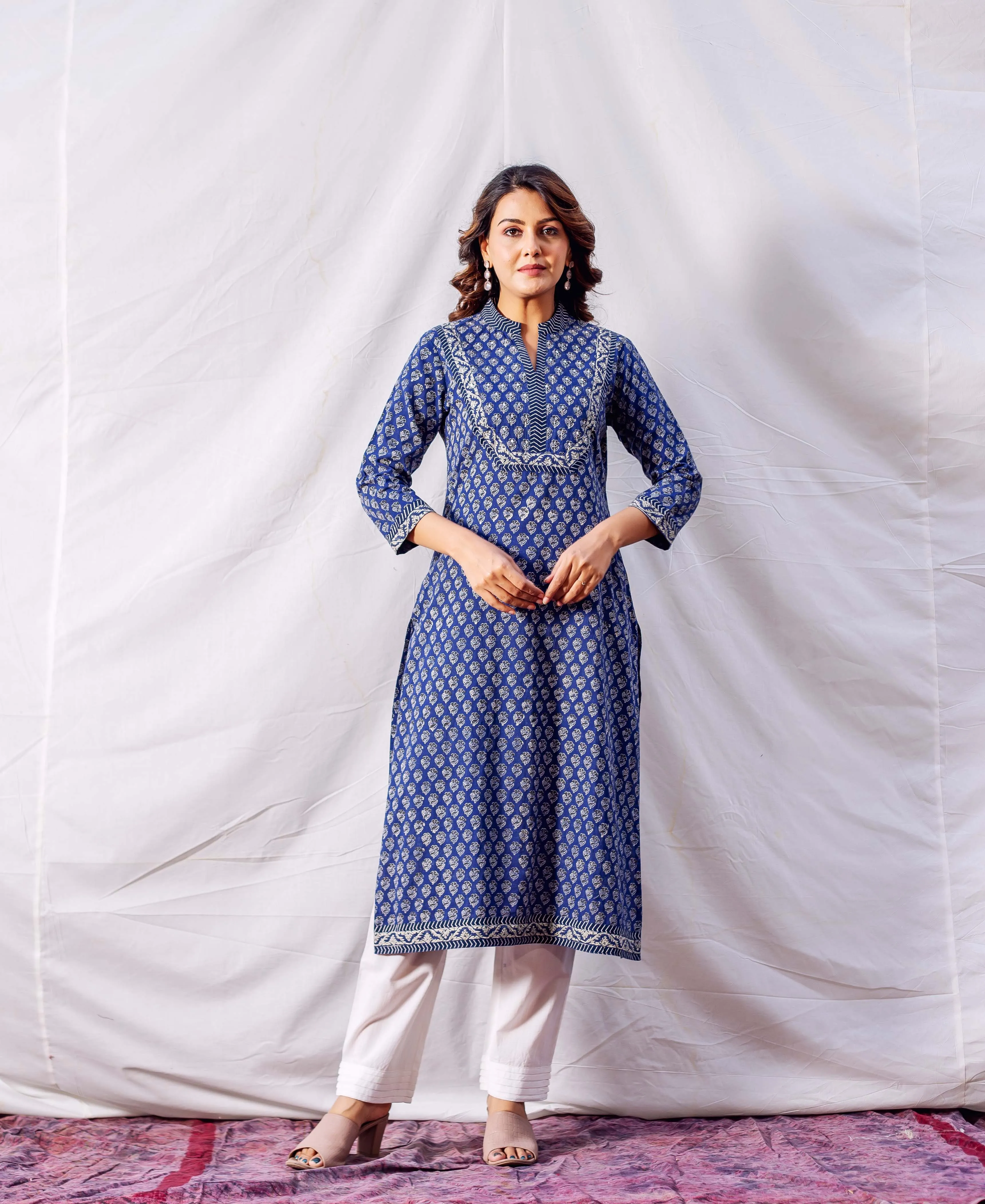 Indigo Hand Block Printed & Embroidered Straight Kurta