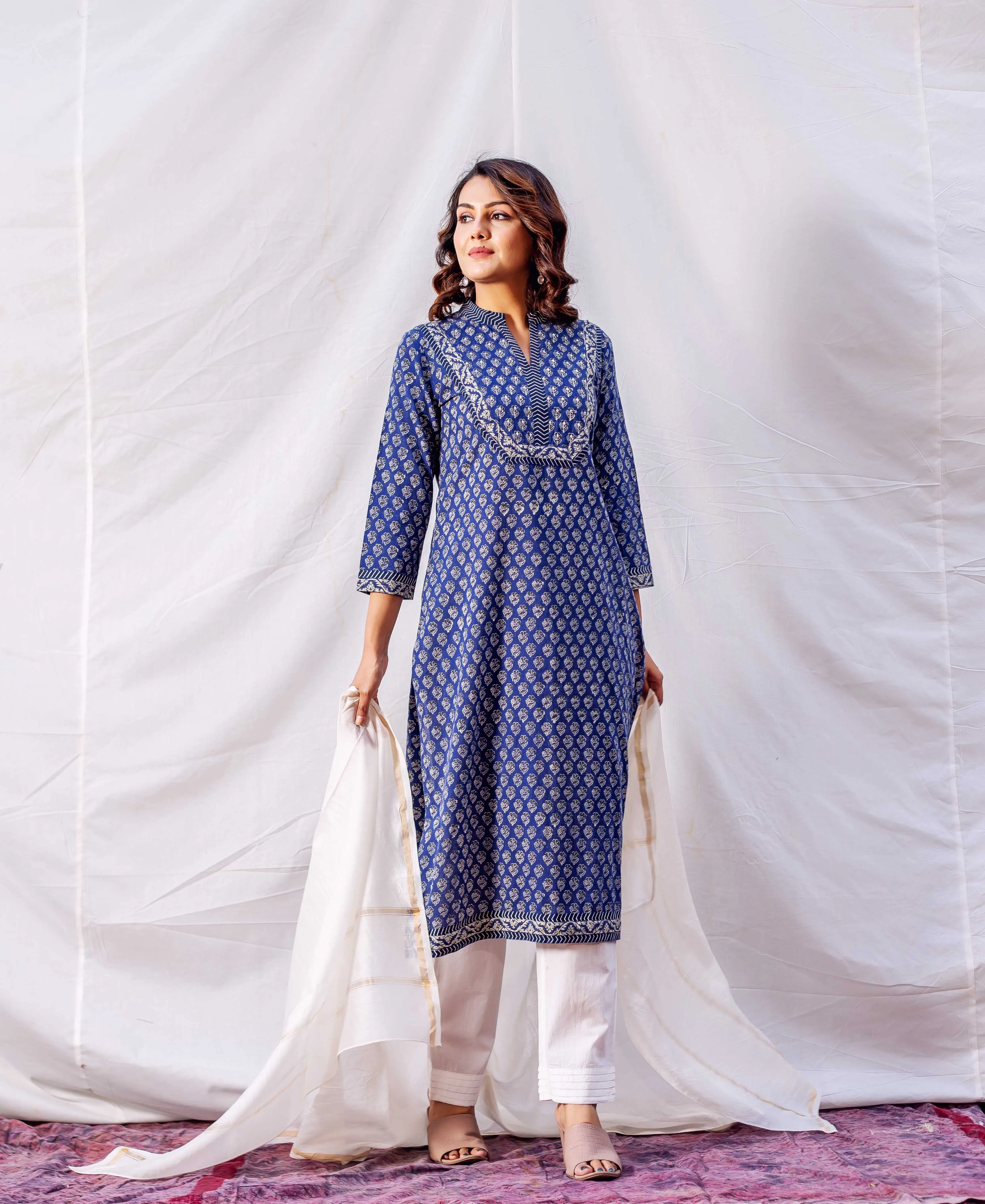 Indigo Hand Block Printed & Embroidered Straight Kurta