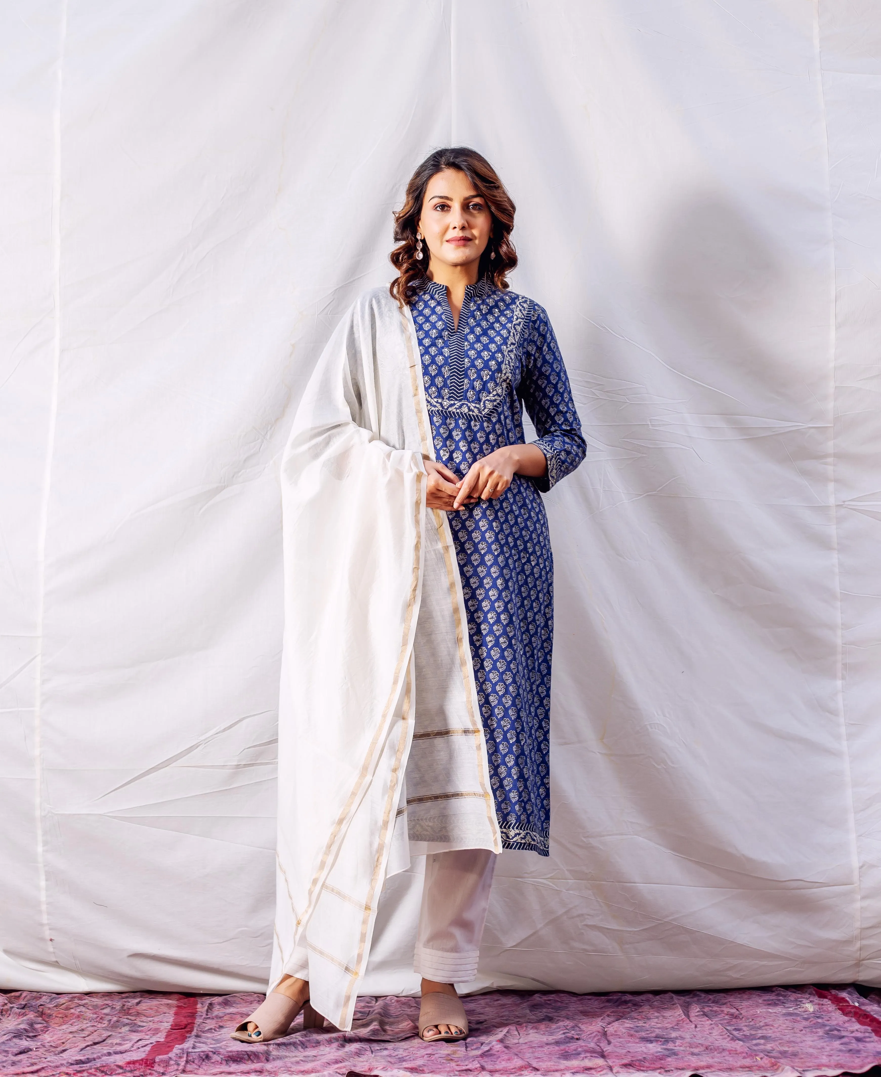 Indigo Hand Block Printed & Embroidered Straight Kurta