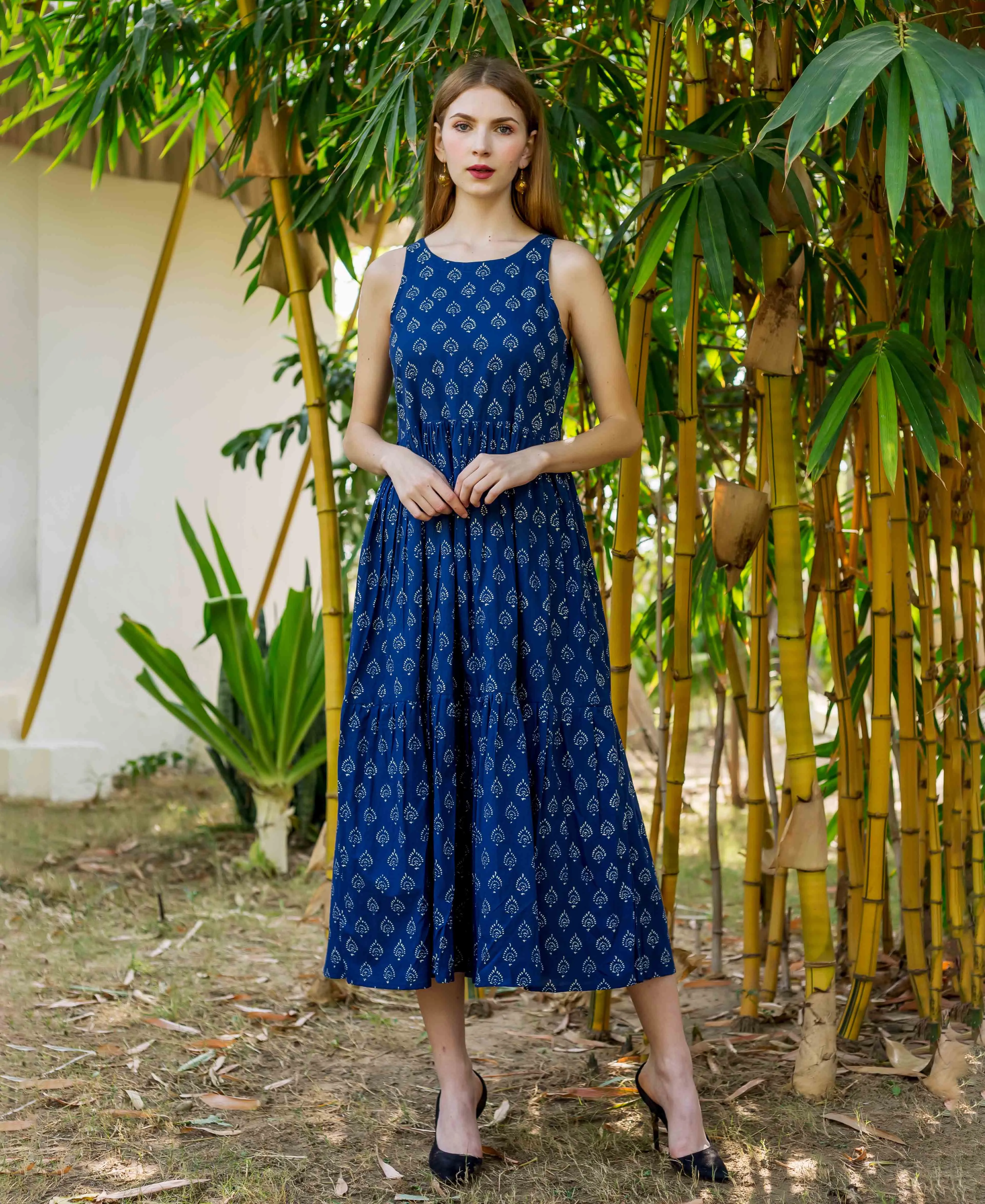 Indigo Hand Block Printed Sleeveless Tiered Dress