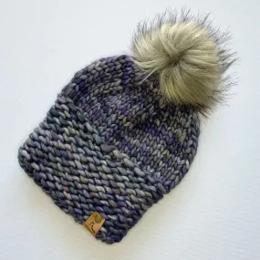 Indigo Luxury Merino Wool Knit Hat with Faux Fur Pom Pom