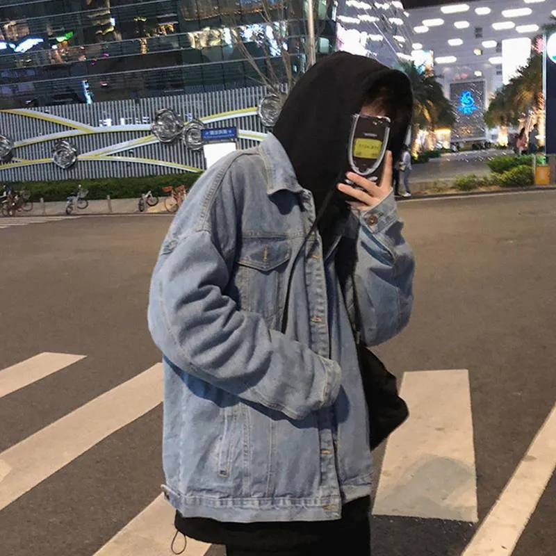 Jinquedai masc outfits Hong Kong Style Couple Retro Denim Jacket Men's Japanese Harajuku Style Trendy Loose Lazy Style Youth Jacket Korean Style