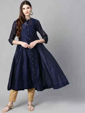 Juniper Indigo Solid Chanderi Kalidar A-line Women Kurta With Buttons