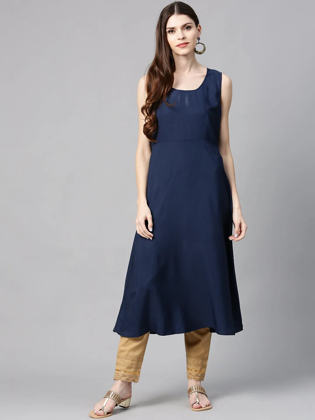 Juniper Indigo Solid Chanderi Kalidar A-line Women Kurta With Buttons