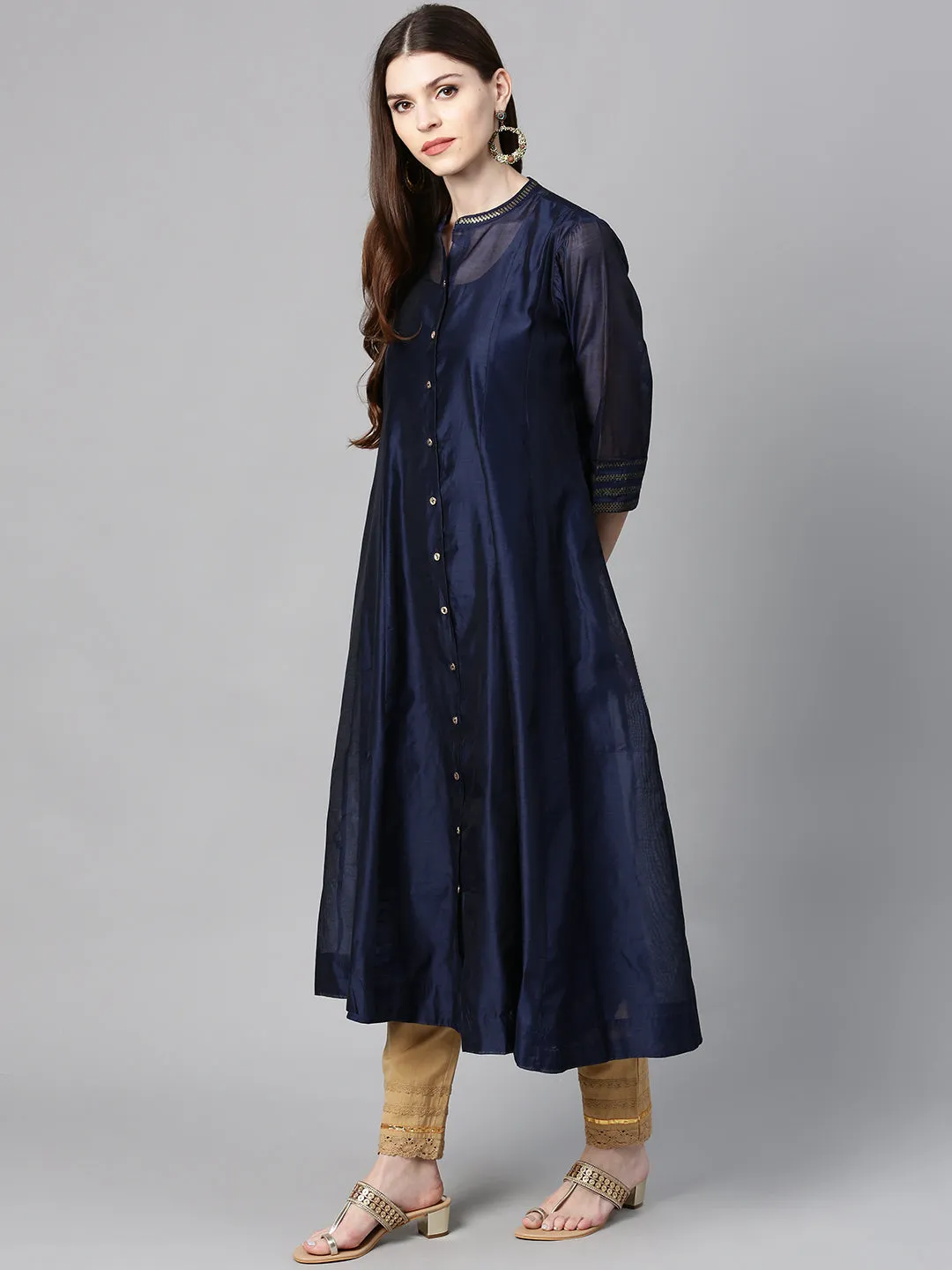 Juniper Indigo Solid Chanderi Kalidar A-line Women Kurta With Buttons