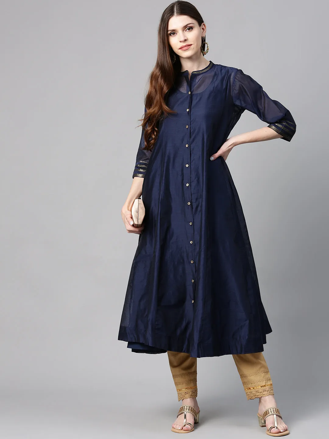 Juniper Indigo Solid Chanderi Kalidar A-line Women Kurta With Buttons