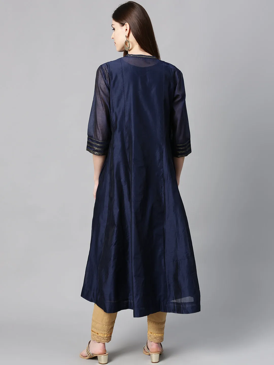 Juniper Indigo Solid Chanderi Kalidar A-line Women Kurta With Buttons