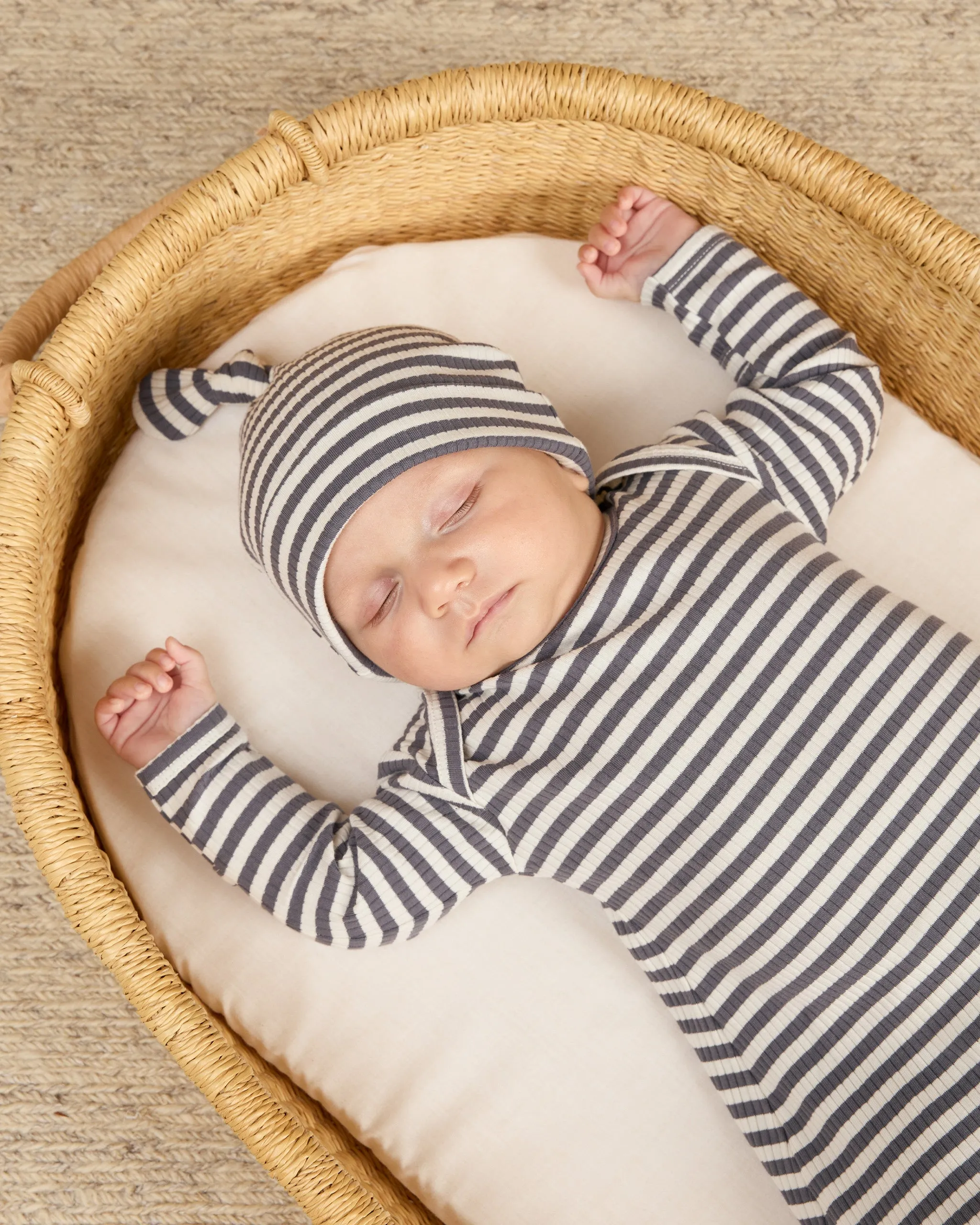 Knotted Baby Gown   Hat Set || Indigo Stripe