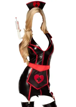 Leg Avenue 4 PC Naughty Nurse Zip Up Wet Look Garter Dress with Heart Apron Black/Red