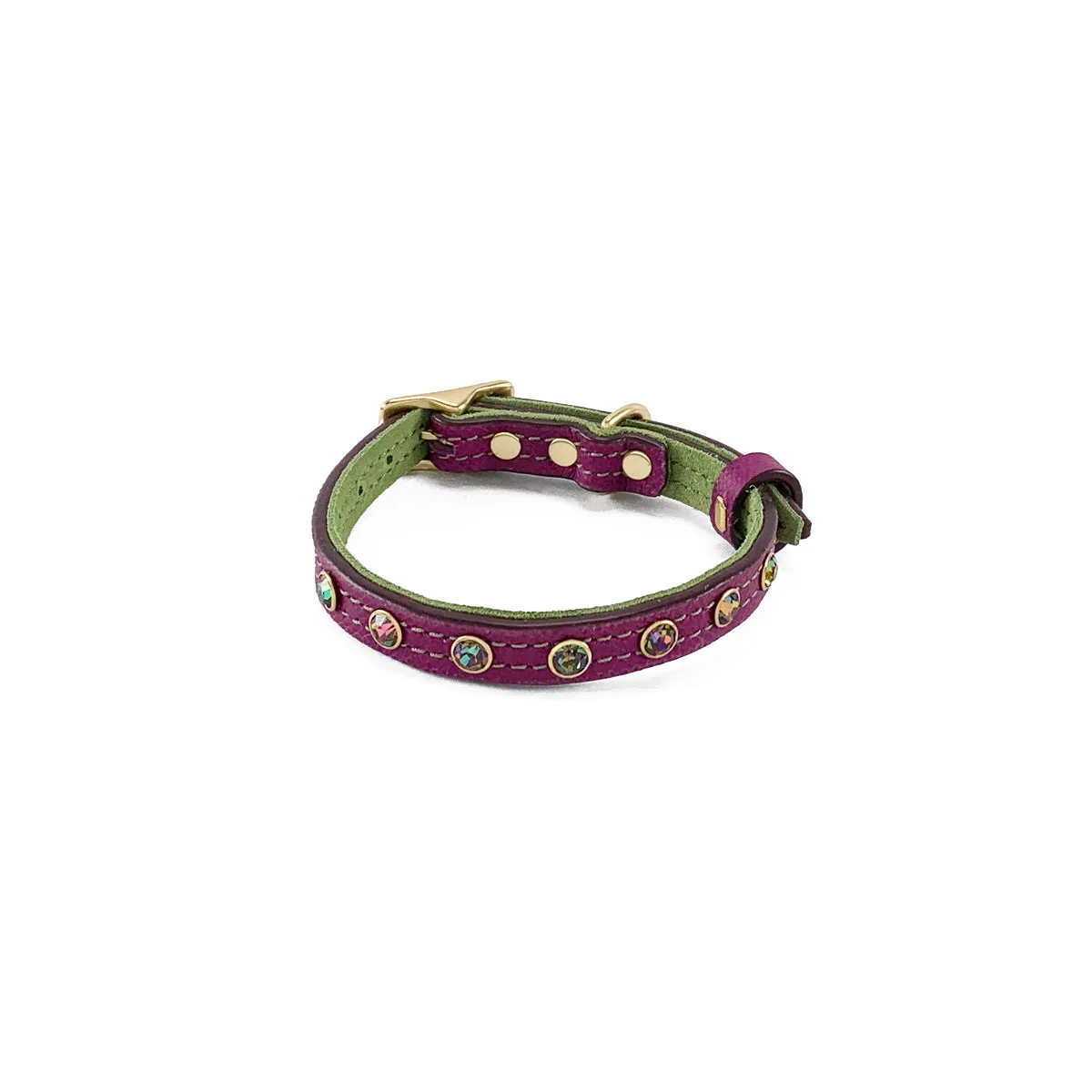 Mardi Gras Classic Rhinestone Leather Dog Collar Amethyst/Basil