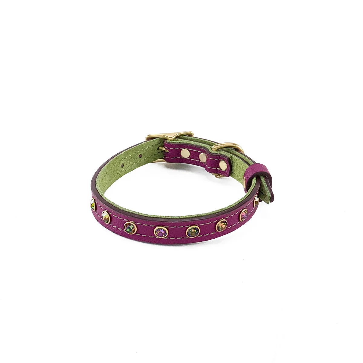 Mardi Gras Classic Rhinestone Leather Dog Collar Amethyst/Basil