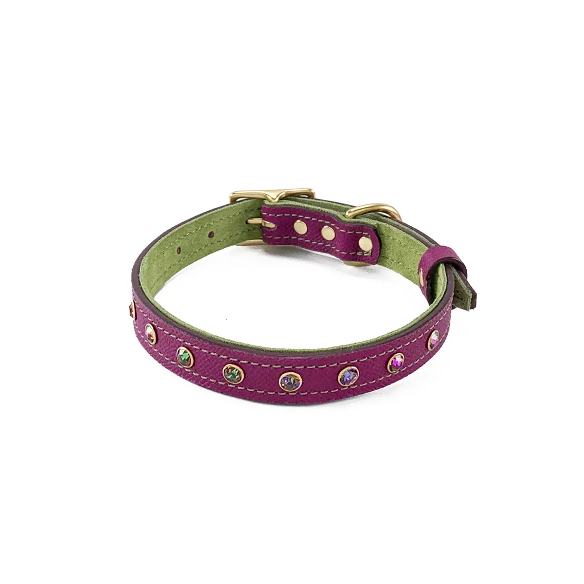 Mardi Gras Classic Rhinestone Leather Dog Collar Amethyst/Basil