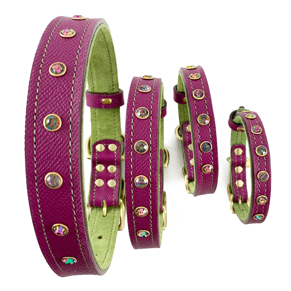 Mardi Gras Classic Rhinestone Leather Dog Collar Amethyst/Basil