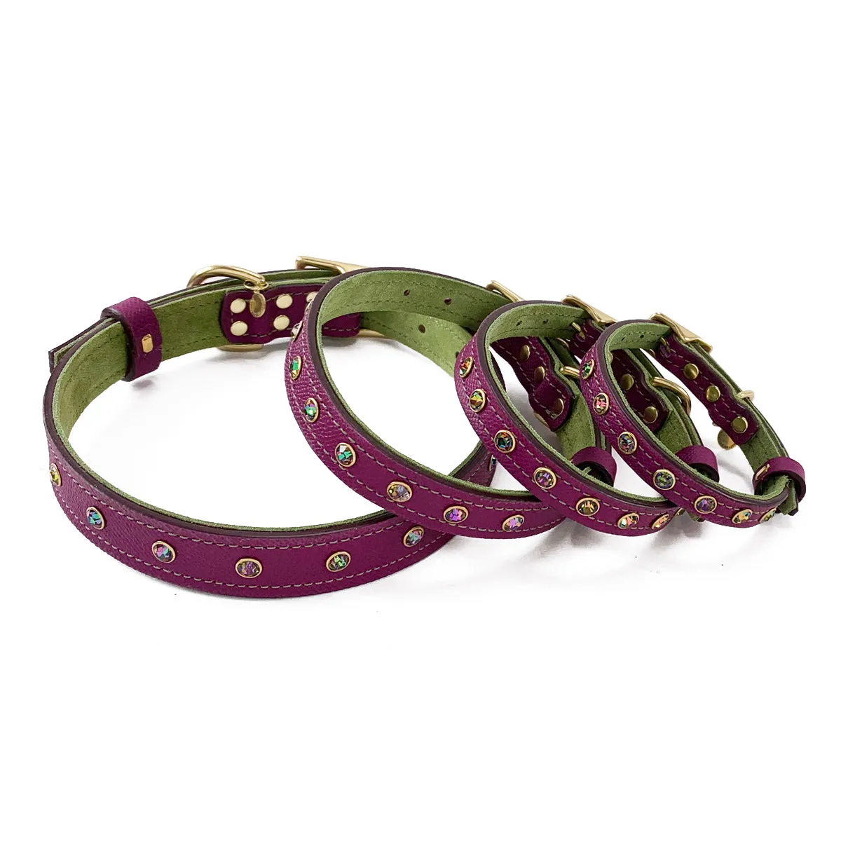 Mardi Gras Classic Rhinestone Leather Dog Collar Amethyst/Basil